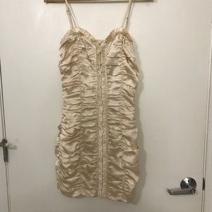 Lulus beige ruched satin bodycon mini dress